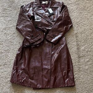 Women's Burgundy Faux Leather Trench Coat with Waist Tie